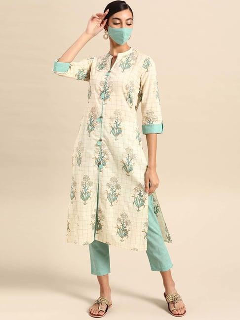 rangmayee off-white & turquoise cotton printed kurta pant set