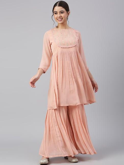 janasya peach embroidered kurta sharara set