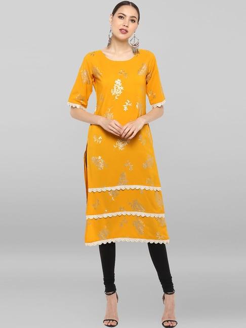 janasya yellow printed straight kurta