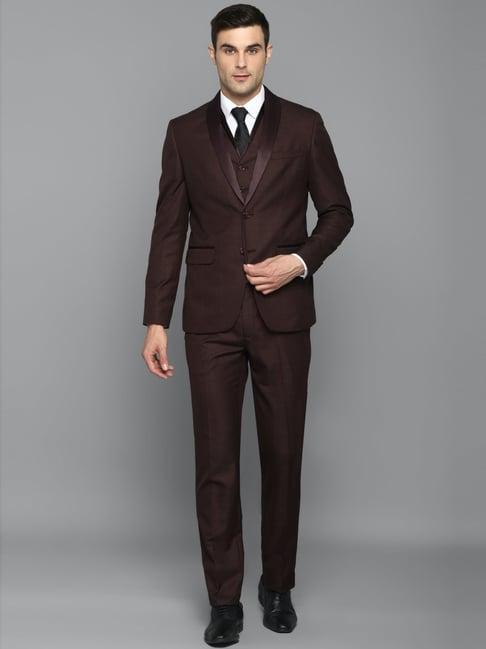 louis philippe maroon slim fit three piece suit