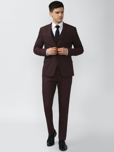 van heusen brown skinny fit three piece suit