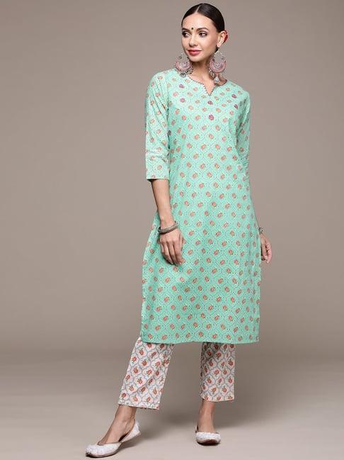 anubhutee turquoise green & white cotton embroidered kurta pant set