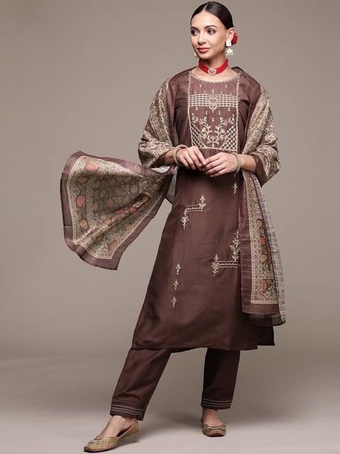 anubhutee chocolate brown embroidered kurta pant set with dupatta