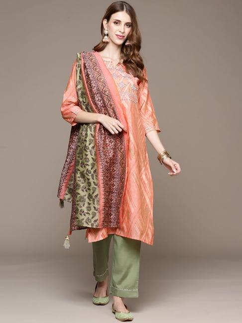 anubhutee peach & green embroidered kurta pant set with dupatta