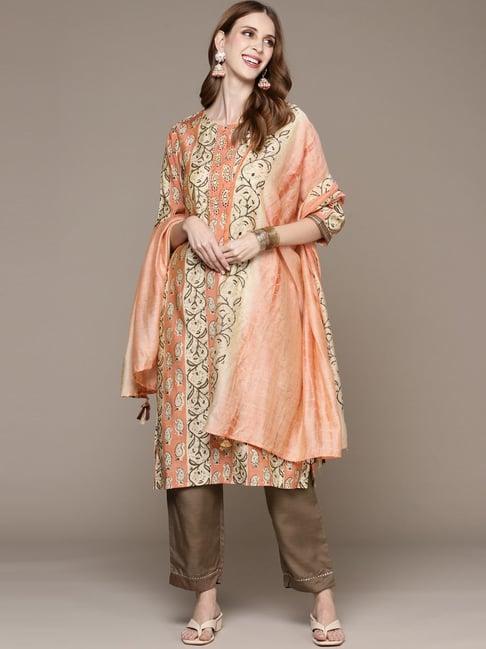 anubhutee peach & brown embroidered kurta pant set with dupatta