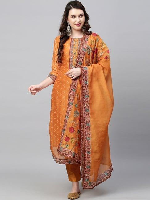 fashor orange printed kurta pant set with dupatta