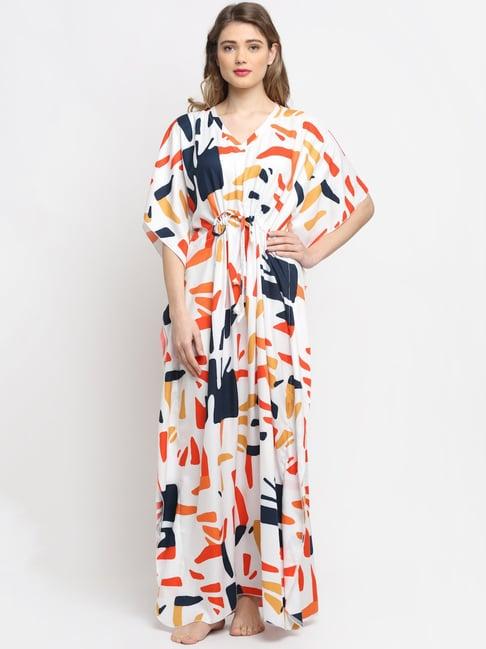 claura white printed kaftan nighty