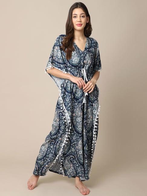 claura blue printed kaftan nighty