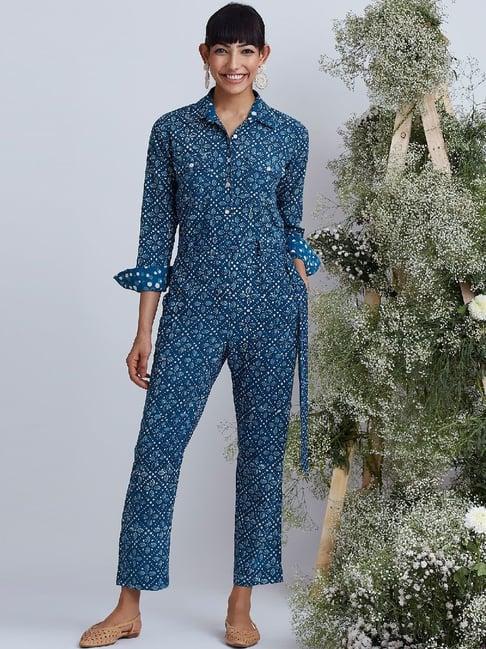 okhai aquatic blue pure cotton printed boiler suit