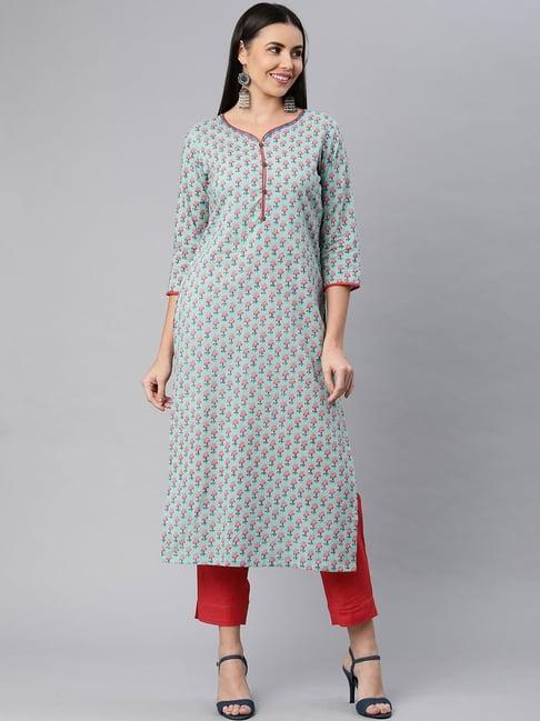 kami kubi blue & red printed kurta pant set