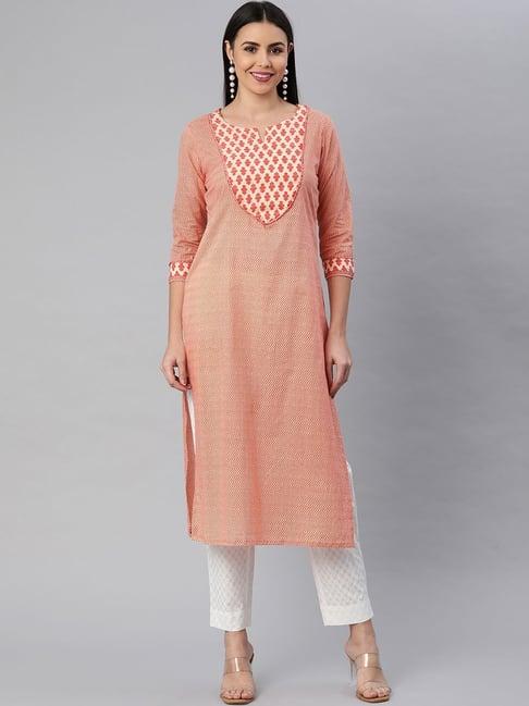 kami kubi peach printed straight kurta