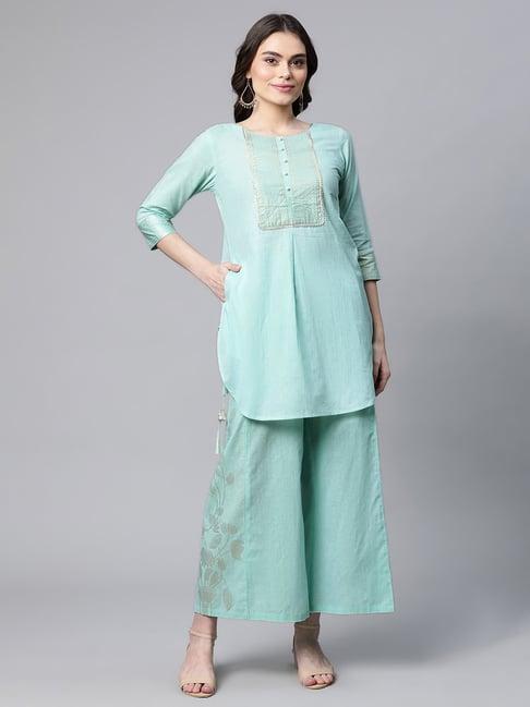 ahalyaa green cotton woven pattern kurti palazzo set