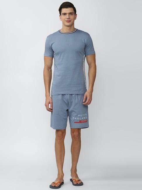 peter england light blue round neck t-shirt & shorts set