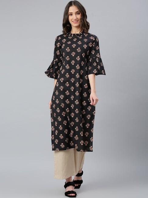 idalia black cotton printed straight kurta