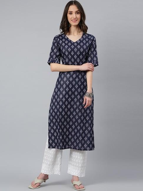 idalia blue cotton printed straight kurta