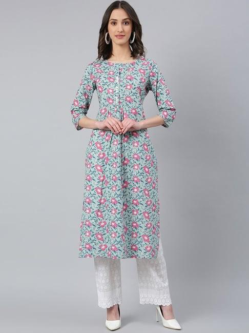 idalia blue cotton printed straight kurta