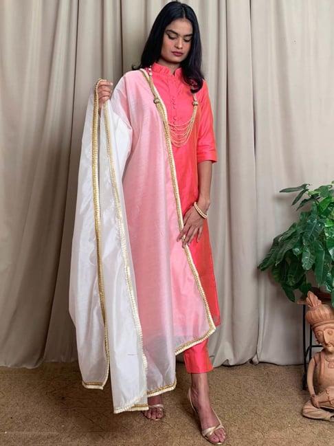 desi weavess pink kurta pant set with dupatta