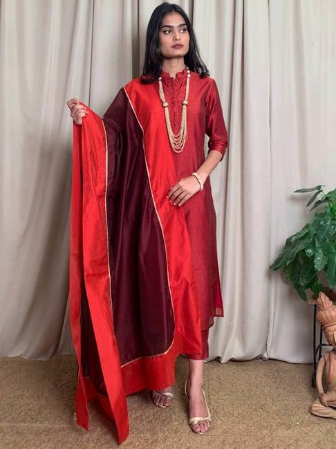 desi weavess red kurta pant set with dupatta