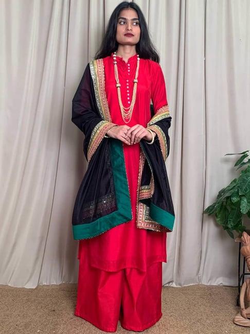 desi weavess red embellished kurta palazzo set with dupatta