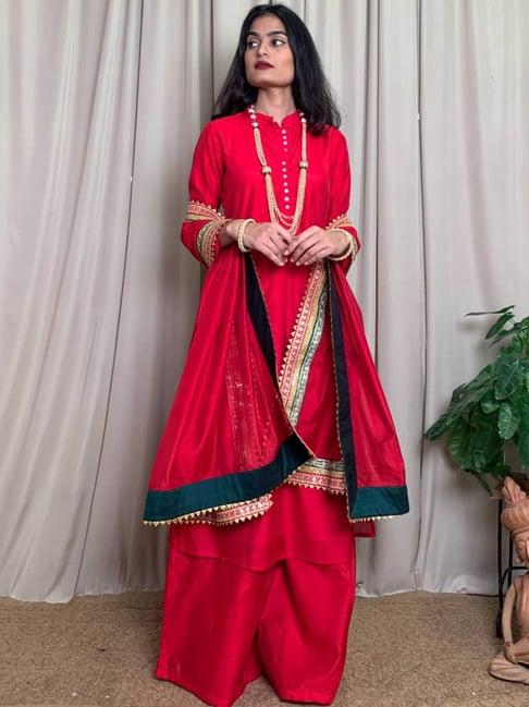 desi weavess red embellished kurta palazzo set with dupatta