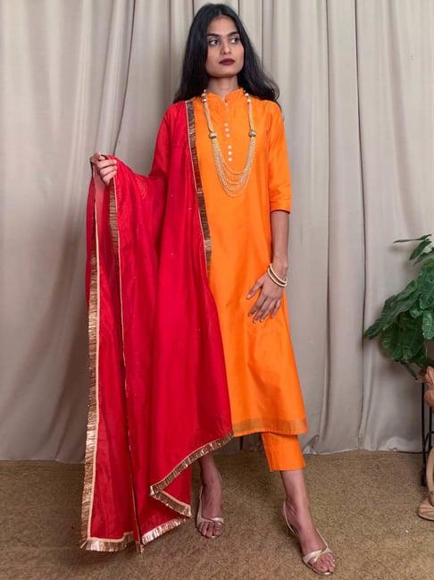 desi weavess orange kurta pant set with dupatta