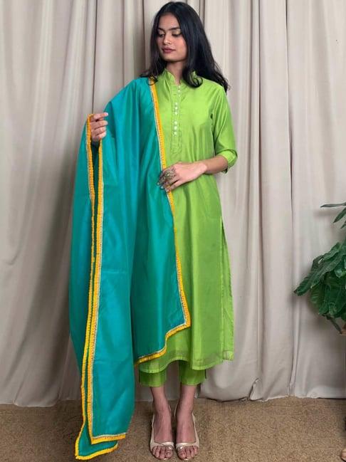 desi weavess green kurta pant set with dupatta