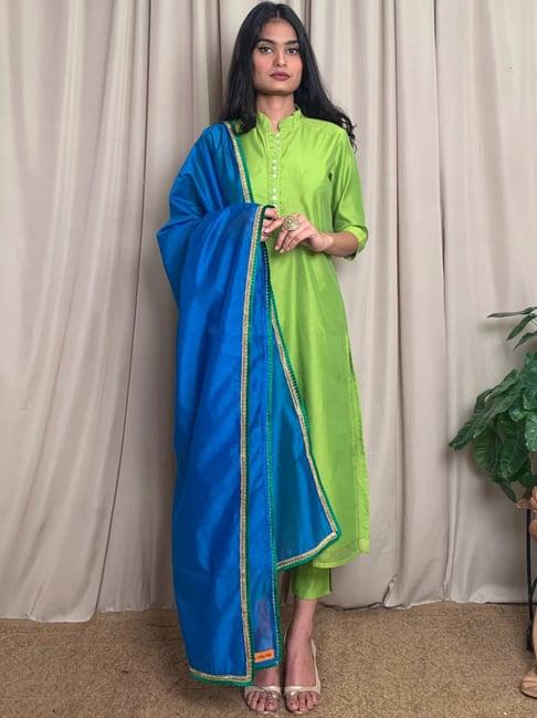 desi weavess green kurta pant set with dupatta