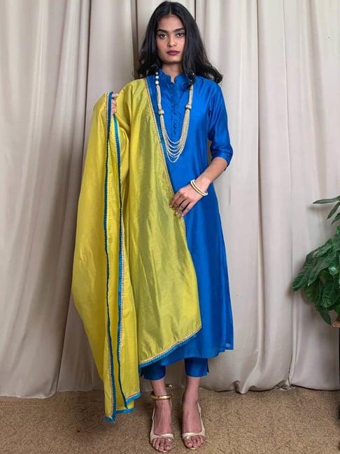 desi weavess blue kurta pant set with dupatta