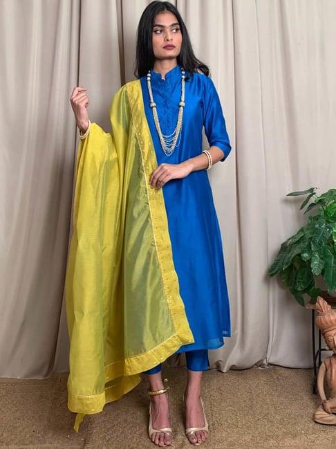 desi weavess blue kurta pant set with dupatta