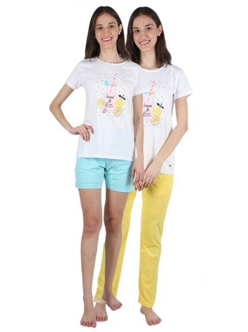 monte carlo white & yellow printed t-shirt shorts & pyjama set