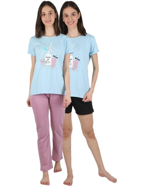 monte carlo sky blue & mauve printed t-shirt shorts & pyjama set