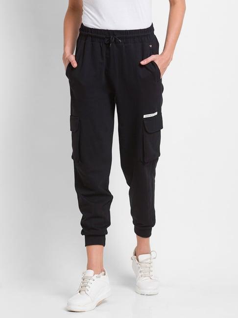 spykar black cotton mid rise track pants