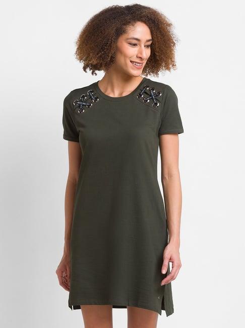 spykar green printed shift dress