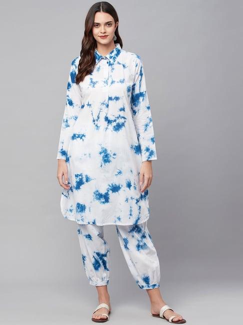 divena white & blue pure cotton tie & dye kurta pant set