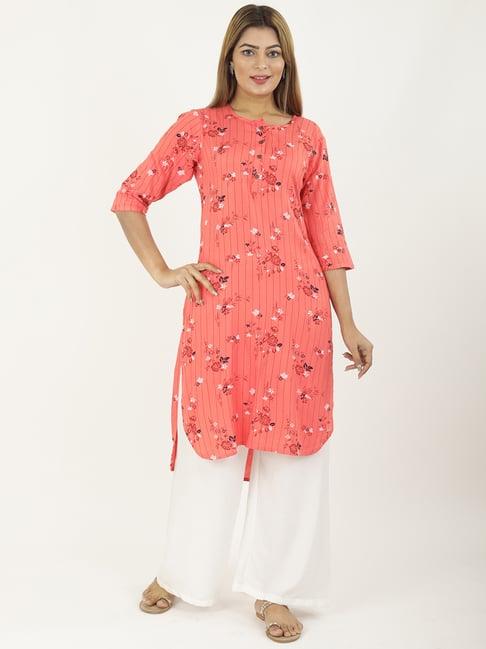 neudis peach high low printed kurta