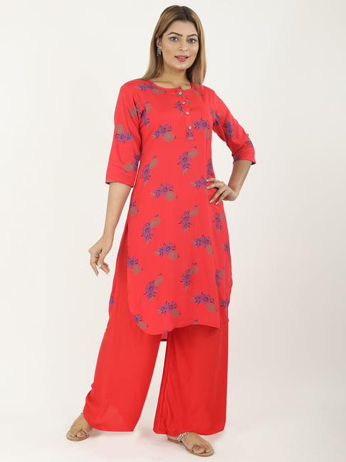 neudis red high low printed kurta