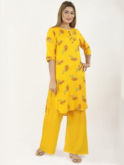 neudis yellow high low printed kurta