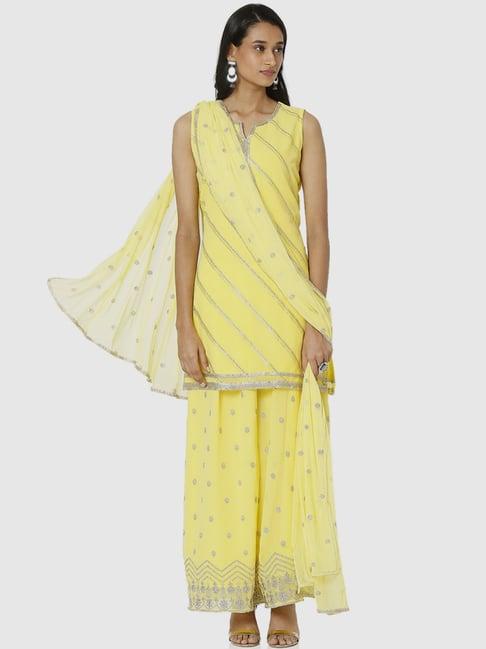 ethnicity yellow embellished kurta palazzo set with dupatta