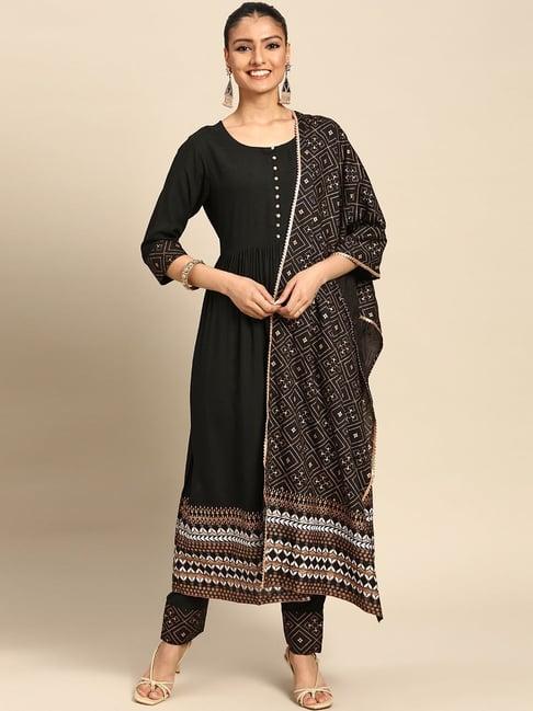 gerua black printed kurta pant set with dupatta