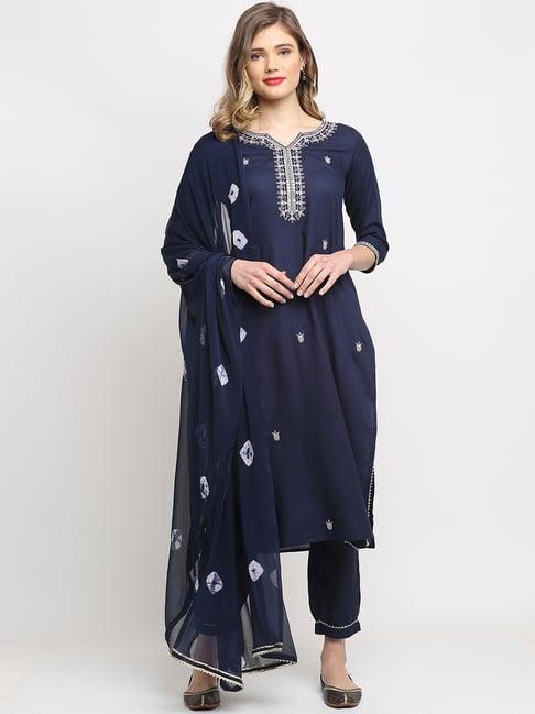 rajnandini navy pure cambric cotton embroidered kurta pant set with dupatta