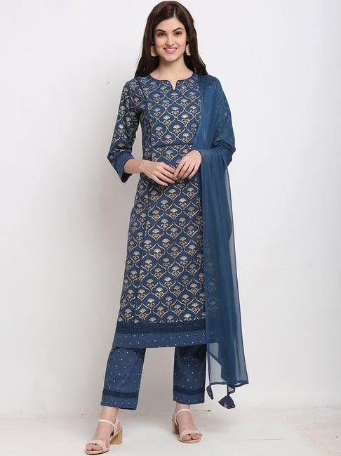 rajnandini blue pure cambric cotton floral foil printed kurta pant set with dupatta