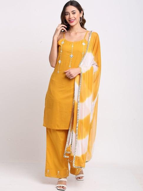 rajnandini yellow pure cambric cotton embroidered kurti palazzo set with dupatta