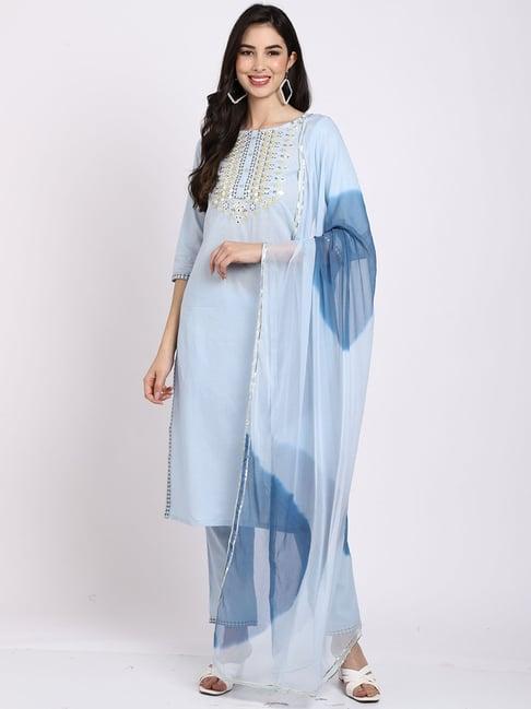 rajnandini blue pure cambric cotton embroidered kurta pant set with dupatta