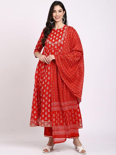 rajnandini red pure cambric cotton printed kurta pant set with dupatta