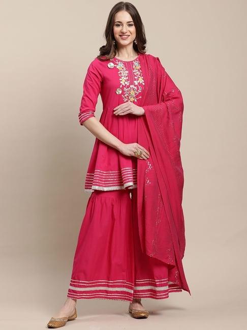 rajnandini pink pure cambric cotton embroidered kurti sharara set with dupatta