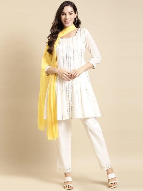 fashor white cotton embroidered kurti pant set with dupatta