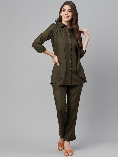 cottinfab cotton olive green double layered shirt trouser set