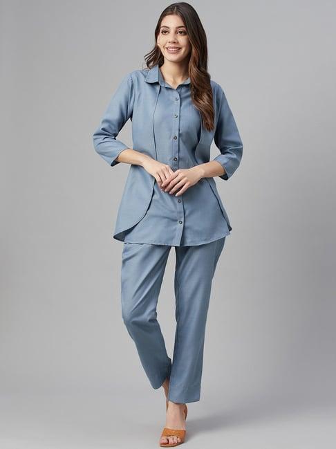 cottinfab cotton blue double layered shirt trouser set