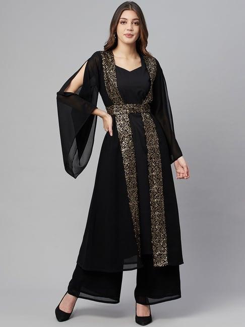 cottinfab georgette black embellished double layered dress palazzo set