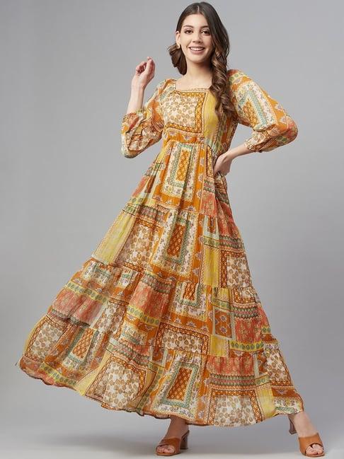 cottinfab yellow printed maxi georgette dress